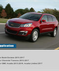 Red Chevrolet Traverse driving on a road, showcasing Premier Auto Parts AC Suction And Discharge Line Hose Assembly Hella fits Buick Enclave.