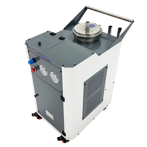Heavy Duty Pneumatic Chip Remover And Air Powered Coolant Tank Cleaner For Cutting Fluid Filtration Sump Cleaning Cart, top view showing dials and handle.