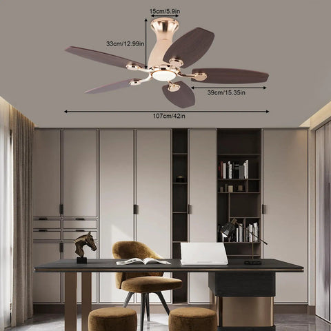 ALSKXaxna Ceiling Fan with Lights and Timer 5 Blades Modern Chandelier 45W in contemporary office setting with dimensions