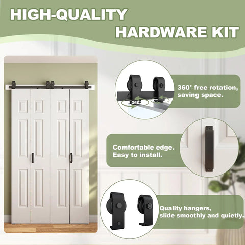 High-quality hardware kit for 48 By 84 Inch Bifold Barn Door With Complete Hardware Set Primed Hollow Core Paint Ready Finish.