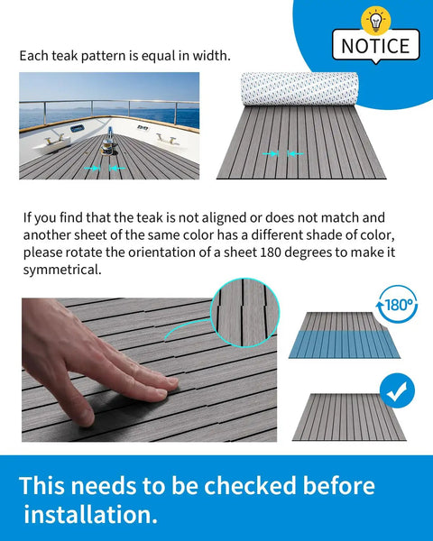 Instructions for aligning Self Adhesive Faux Teak Boat Flooring 48x16.8 Inches With 3M Adhesive Backing Non Slip EVA Foam