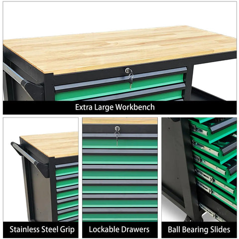 Heavy Duty Mobile Tool Cabinet With Wood Top Workbench And Seven Smooth Gliding Drawers Lockable Storage Drawer Brake Caster