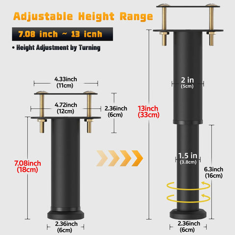 Set Of Four Heavy Duty Metal Bed Support Legs With Adjustable Height From 7 To 13 Inches, detailed height adjustment measurements.