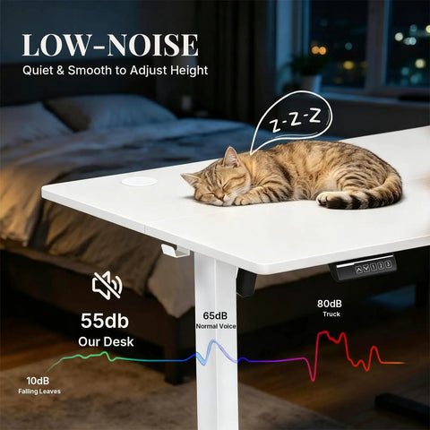 48 Inch Electric Standing Desk Height Adjustable Sit Stand Workstation With Silent Motor Memory Presets And Wide White Top with sleeping cat on it.
