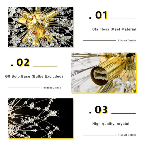 Gold Crystal Sputnik Chandelier Pendant Light 8 Light Firework Dandelion Design, close-up stainless steel and crystal details