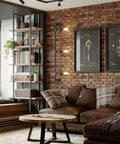 Living room with vintage decor including black 4 way cross pipe fitting connector, malleable iron, threaded holes on brick wall