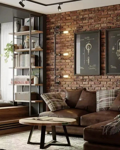 Living room with vintage decor including black 4 way cross pipe fitting connector, malleable iron, threaded holes on brick wall