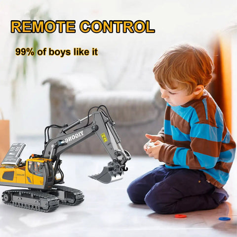 Boy playing with Boss 11 Channel RC Excavator Toy With 680 Degree Rotation And Alloy Bucket One Twentieth Scale Construction Vehicle With Remote Two Point Four GHz For Outdoor Sandbox Play Kids Toy Ages Four To Ten Yellow in living room.