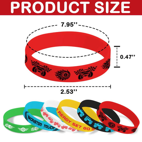 Monster Truck Party Bracelets Set 48 Pieces Slap And Rubber Silicone Wristbands showing size and various colorful designs.