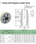 Technical diagram of FZ-K Hollow Shaft Magnetic Powder Brake with specifications table for industrial motors.