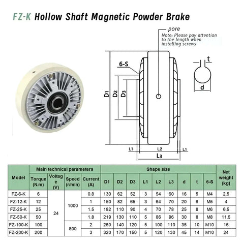 Technical diagram of FZ-K Hollow Shaft Magnetic Powder Brake with specifications table for industrial motors.