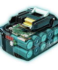 Illustrated view of Twin Pack 18V LXT Lithium Ion 4.0Ah Batteries With LED Charge Indicator Up To 35 Percent More Run Time Per Charge Beefed Up Power For 18V Cordless Tools, showing internal cells and LED gauge.