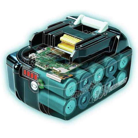 Illustrated view of Twin Pack 18V LXT Lithium Ion 4.0Ah Batteries With LED Charge Indicator Up To 35 Percent More Run Time Per Charge Beefed Up Power For 18V Cordless Tools, showing internal cells and LED gauge.