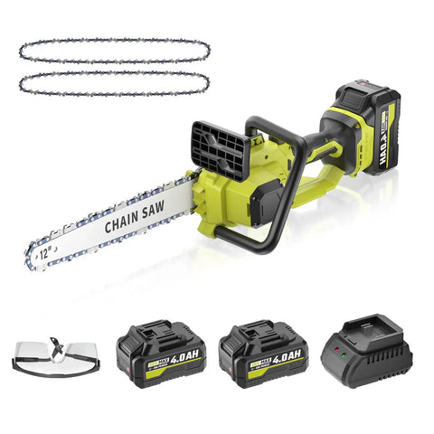 12 Inch Cordless Electric Chainsaw With Dual 20V 4Ah Li Ion Batteries, Two Chains, Tool Free Chain Tension, Auto Oiling tool kit