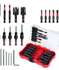 22-Piece Countersink Drill Bit Set With Wood Plug Cutters, Magnetic Extension Bit Holder, S2 Screwdriver Bits, 1 Quarter Inch Hex Shank in red storage box for woodworking