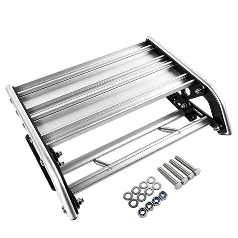 Manual RV Step Single Folding Ladder For Trailers And Campers, Retractable Entry Stair, 440 LB Capacity, Aluminum Alloy Construction With Powder Coated Steel Plates, Built To Last And Easy To Install For Motorhomes, shown with mounting hardware