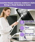 Woman using Portable Handheld Steam Cleaner And Detail Steamer For Cars And Tile Floors, High Pressure Grime Buster on kitchen surface.