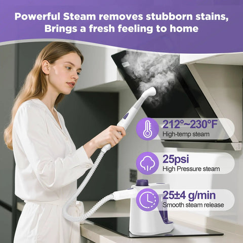 Woman using Portable Handheld Steam Cleaner And Detail Steamer For Cars And Tile Floors, High Pressure Grime Buster on kitchen surface.