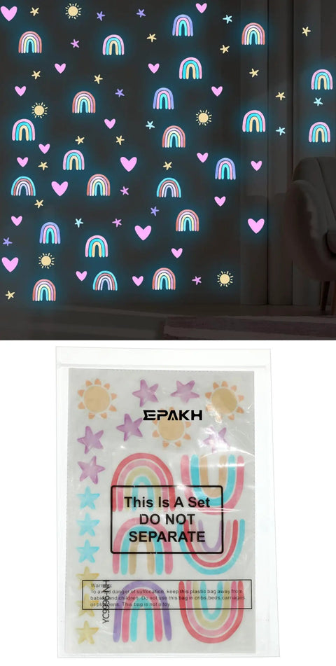 Rainbow Wall Decor Stickers Set With Hearts Stars Suns Watercolor Elements For Nursery Baby Bedroom Girls And Boys Luminous Blue