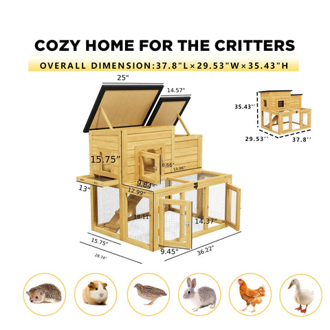 Diagram of All Weather Critter Friendly Wooden Poultry Run And Rabbit Hutch With dimensions and removable ramp