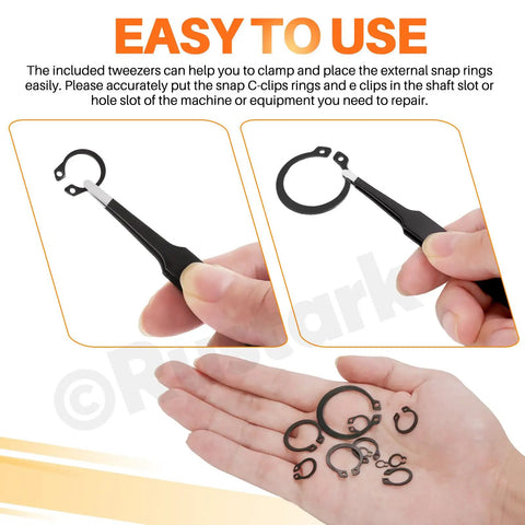 Beefy 266-Piece External Snap Rings Set Black Alloy Steel With Tweezers shown handling C-clips and circlips close-up