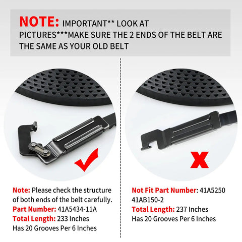 Diagram comparing correct and incorrect belt types for Seven Foot Garage Door Drive Belt Assembly Replacement Kit DIY.