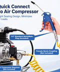 Quick connect air compressor setup showing Kick Ass 20 Pack Air Blower Guns with 4 Inch Angled Stainless Steel Nozzles.