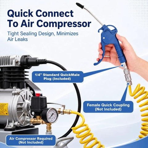 Quick connect air compressor setup showing Kick Ass 20 Pack Air Blower Guns with 4 Inch Angled Stainless Steel Nozzles.