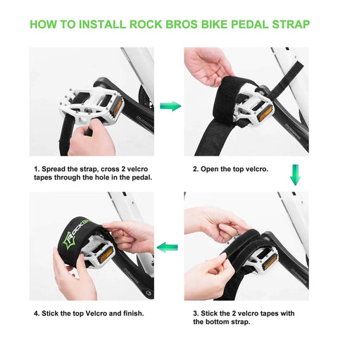 Instructional steps installing durable nylon bike pedal straps set for fixed gear BMX mountain and road bikes, secure foot grip.