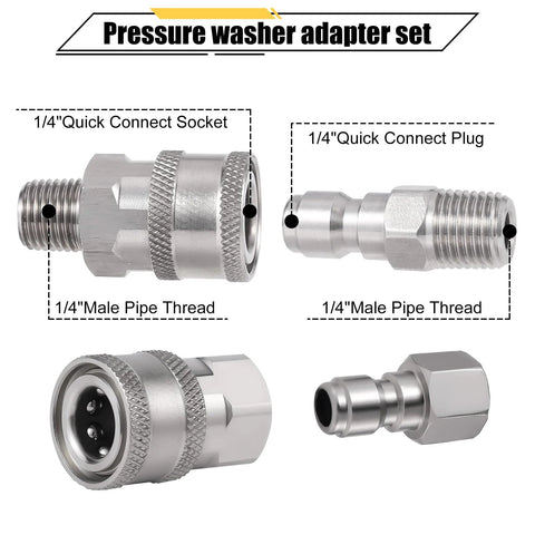4pc stainless steel 1/4 in NPT pressure washer quick-connect fittings set with male and female adapters
