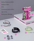 Smart BMS for 3S and 4S Li-Ion Battery Packs, 12V Class, 400A Peak, 1A Active Balancing, Bluetooth Monitoring, Inductive Energy Transfer, Keeps Cell Gaps Under 10mV, DIY Battery Builds with components displayed.