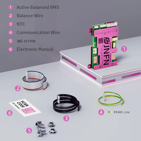 Smart BMS for 3S and 4S Li-Ion Battery Packs, 12V Class, 400A Peak, 1A Active Balancing, Bluetooth Monitoring, Inductive Energy Transfer, Keeps Cell Gaps Under 10mV, DIY Battery Builds with components displayed.