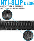 Grapple Mountain Bike Handlebar Grips With Lock On Ring For MTB And BMX Unique Multidirectional Ergonomic Pattern Non Slip TPR Rubber Absorbs Shock Relieves Fatigue Comfort Grip Phantom Black, close-up showing anti-slip design and texture.