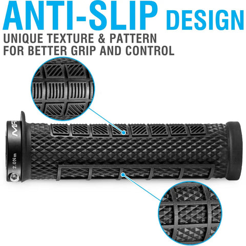 Grapple Mountain Bike Handlebar Grips With Lock On Ring For MTB And BMX Unique Multidirectional Ergonomic Pattern Non Slip TPR Rubber Absorbs Shock Relieves Fatigue Comfort Grip Phantom Black, close-up showing anti-slip design and texture.