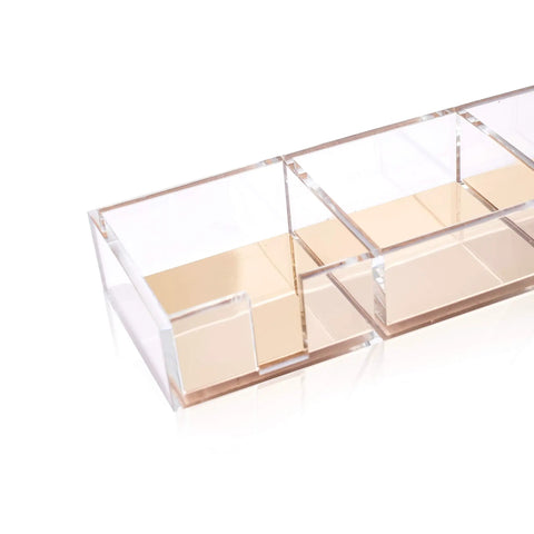 Premium Acrylic And Gold Base Note Holder And Paper Clip Organizer For Desk Cube Memo Pad 3 Compartments Modern Desk Organizer Side View