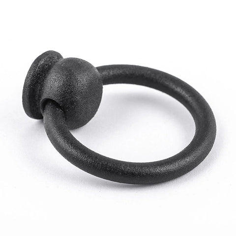 Close-up of a 2-Inch Black Wrought Iron Cabinet Handle And Drawer Pull Antique Style with Mounting Hardware, Mission Ring Pull Handle.
