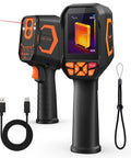 Infrared Thermal Camera With Laser Pointer 320x240 LCD Screen 9 Thermal Palettes 256x192 TISR Resolution Pro Level Thermal Imaging For Electrical HVAC Home And Pet Inspections Super Resolution Clarity Beast Mode showing front and side view with accessories