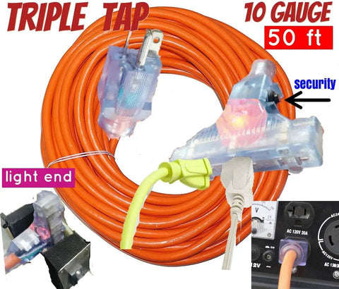 Beefy 20 Amp T Blade Extension Cord 10 Gauge 3 Conductor 50 Ft With Lighted End Triple Outlet Copper Wire 125V 2500W UL Listed Power Cord For Home And Job Site