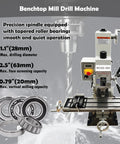 Built Like A Boss Benchtop Milling Machine With R8 Chucks, drill specs showing precision spindle and roller bearings.