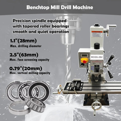 Built Like A Boss Benchtop Milling Machine With R8 Chucks, drill specs showing precision spindle and roller bearings.