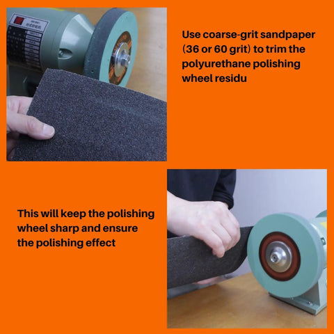 User trimming polyurethane polishing wheel residue with coarse-grit sandpaper for Premium Elastic Polyurethane Buffing Wheels 6 Inch 2000 Grit Silicon Carbide Abrasive.
