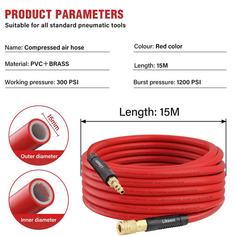 Red 50 Ft Hybrid Air Hose for Compressors and Tools, 3/8 Inch Air Hose, 300 PSI Rating, 1/4 Inch Brass Male Fittings, coiled view