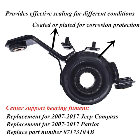 Heavy Duty Drive Shaft Center Support Bearing For 2007 Through 2017 Jeep Compass Patriot showing rubber steel core and mounting brackets.