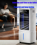 Portable Evaporative Swamp Cooler Game Changer With 10L Tank in a living room, providing cool air to a relaxed woman reading.