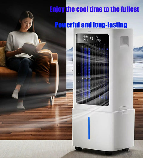 Portable Evaporative Swamp Cooler Game Changer With 10L Tank in a living room, providing cool air to a relaxed woman reading.
