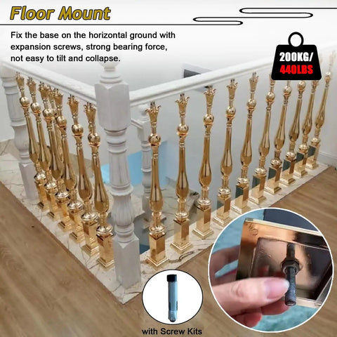 Tough As Nails Adjustable Staircase Railing Balusters 15 Piece Set with floor mount brackets on wood floor, rose gold finish.