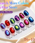 Color chart of Cat Eye Gel Nail Polish With Magnetic Effect, Holographic Glitter Shine, 15ml Jelly Glass Formula samples.