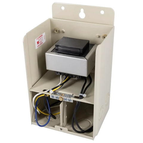 Inside view of Pool Light 12 Volt 100 Watt PX100 Safety Transformer in beige metal enclosure with grounded shield and wiring.