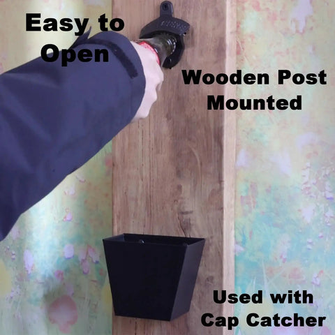 Heavy Duty Cast Iron Beer Bottle Opener Wall Mounted With Installation Screws Rock Solid Old School Design For Man Cave Bar Setup with wooden post.