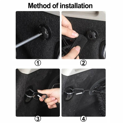 Installation steps for Hammock Style Three Compartment Cargo Net Made For Tesla Cybertruck 2024 Plus Truck Bed Storage Mesh Pouch.